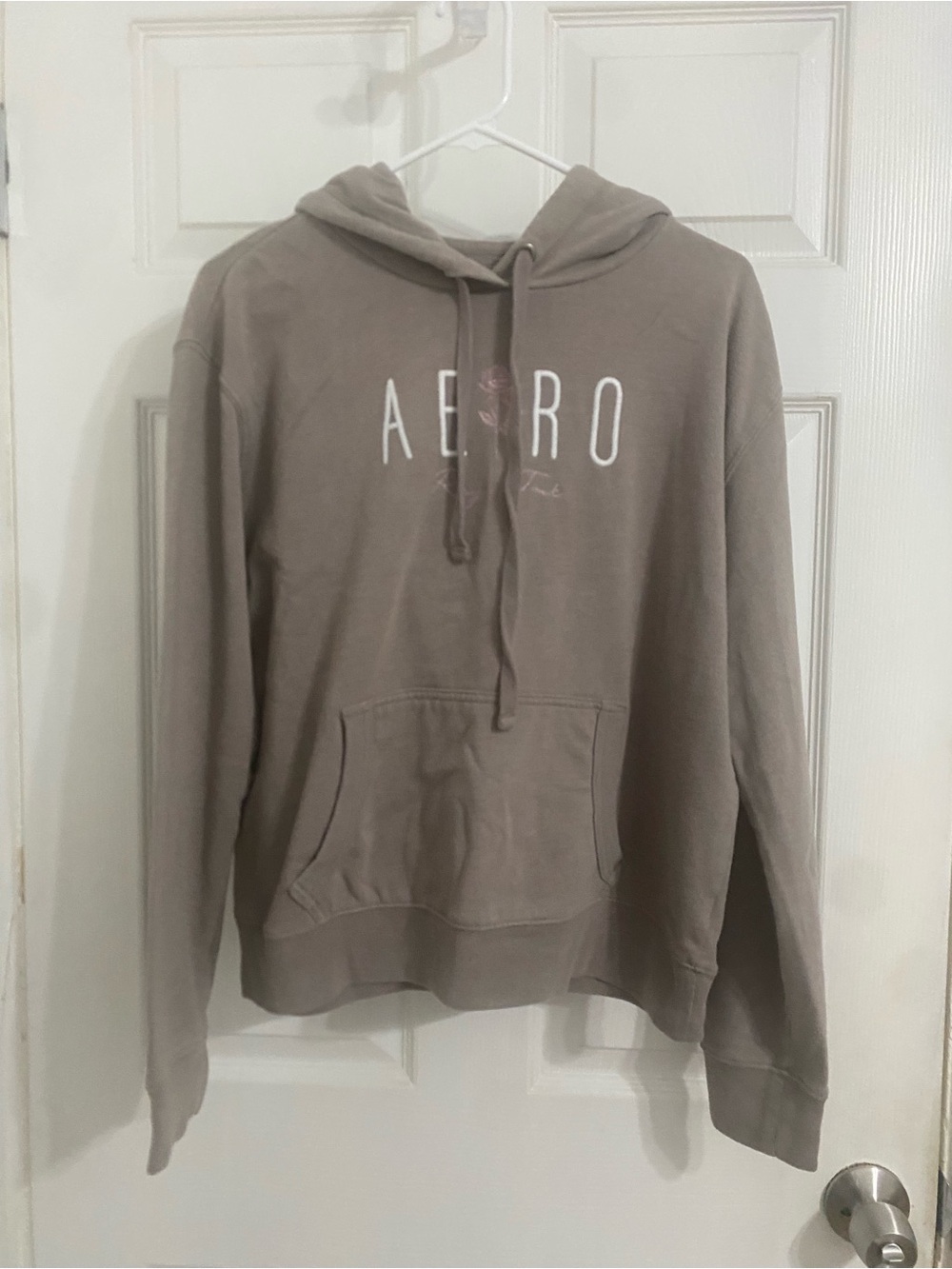 Aeropostale Men's Taupe Drawstring Hoodie with White Logo
